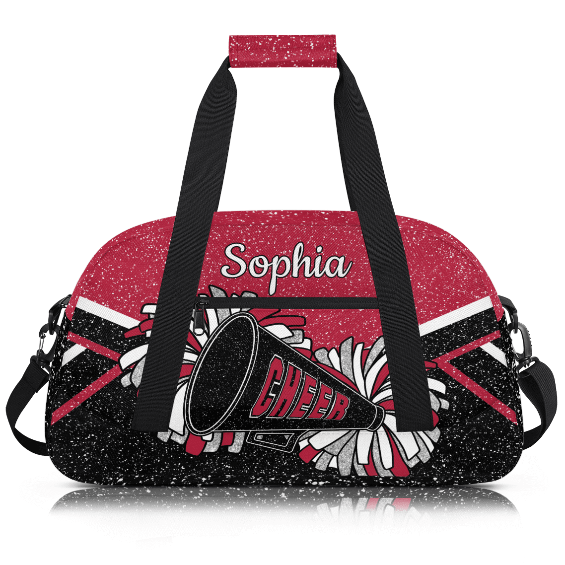 Jiaoprinted Personalized Cheer Bag for Women, Custom Sport Duffel Bag with Name, Customized Gym Bag, Weekender Overnight Bag, Cheerleading Gifts, Black Red Glitter