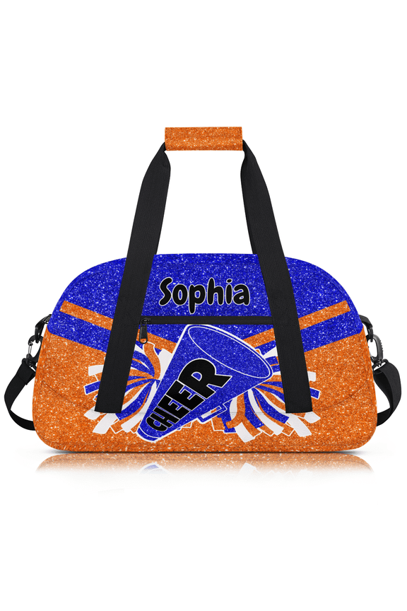 Personalized Cheer Bag for Cheerleader, Custom Cheerleading Gym Bag with Name, Customized Overnight Weekender Bags, Glitter Blue Orange