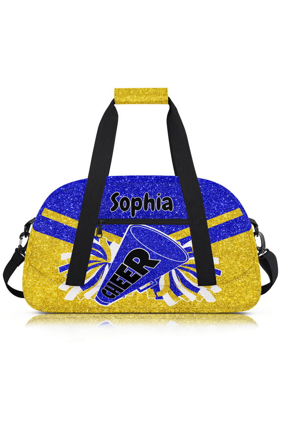 Personalized Cheer Bag for Cheerleader, Custom Cheerleading Gym Bag with Name, Customized Overnight Weekender Bags, Gold Blue Glitter