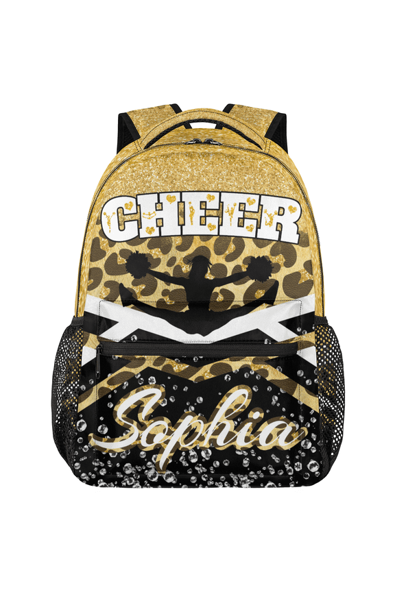 Personalized Cheerleader Backpack, Custom Cheer Shoulder Bag with Name Customized Day Packs for Cheerleading, Gold Leopard