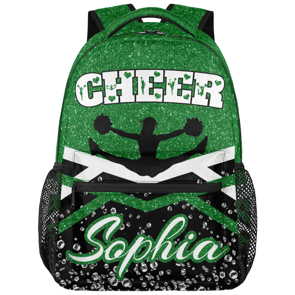 Jiaoprinted Personalized Cheerleader Backpack, Custom Cheer Shoulder Bag with Name Customized Day Packs for Cheerleading, Green Glitter