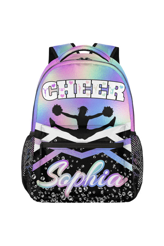 Personalized Cheerleader Backpack, Custom Cheer Shoulder Bag with Name Customized Day Packs for Cheerleading, Rainbow Purple