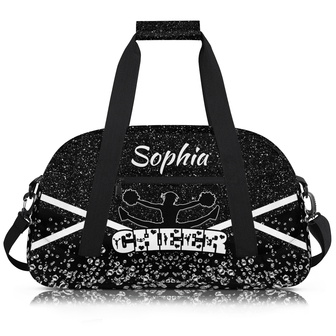 Jiaoprinted Personalized Cheerleader Bag Dance Bag, Custom Sport Gym Bag with Name, Customized Travel Duffel Bag for Cheer Team, Black Glitter