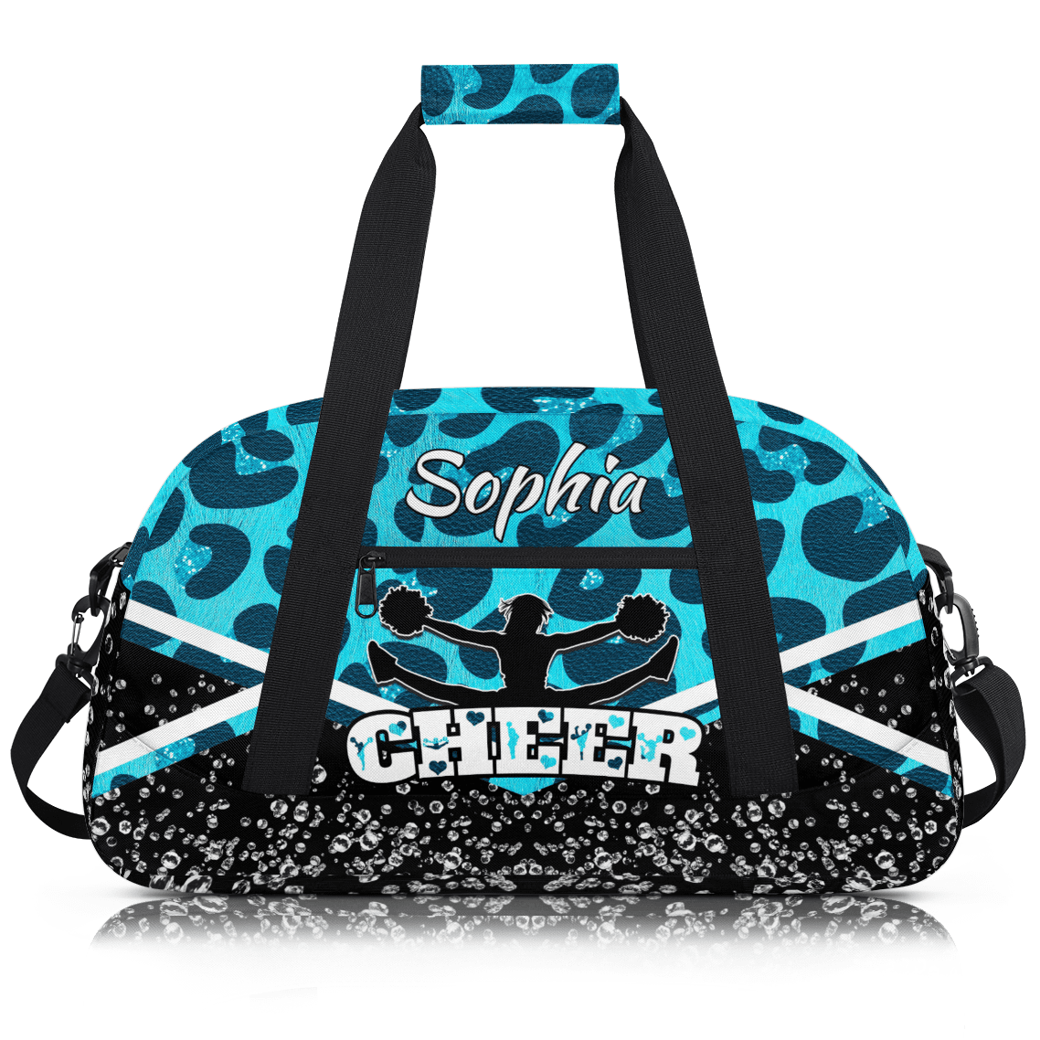 Jiaoprinted Personalized Cheerleader Bag Dance Bag, Custom Sport Gym Bag with Name, Customized Travel Duffel Bag for Cheer Team, Blue Leopard