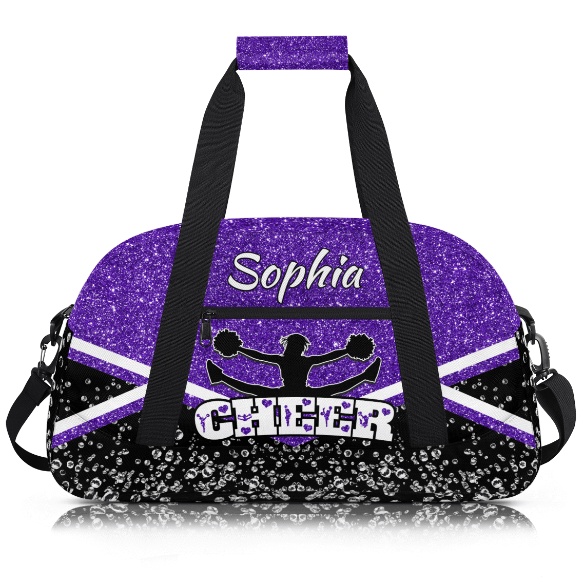Jiaoprinted Personalized Cheerleader Bag Dance Bag, Custom Sport Gym Bag with Name, Customized Travel Duffel Bag for Cheer Team, Purple Glitter