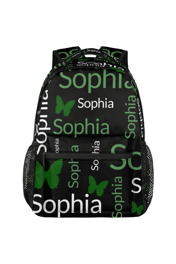 Personalized Green White Butterfly Backpack with Name, Custom Casual Daypack, Customized Travel Laptop Back Pack, 18 Inch