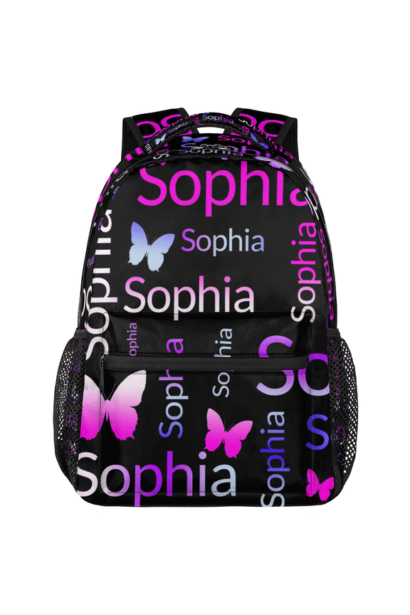 Personalized Pink Purple Butterfly Backpack with Name, Custom Casual Daypack, Customized Travel Laptop Back Pack, 18 Inch