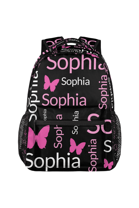 Personalized Pink White Butterfly Backpack with Name, Custom Casual Daypack, Customized Travel Laptop Back Pack, 18 Inch