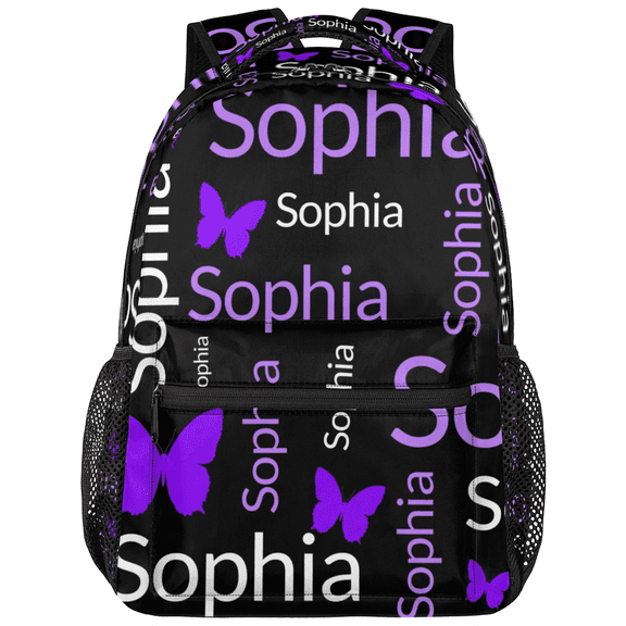 Jiaoprinted Personalized Purple White Butterfly Backpack with Name, Custom Casual Daypack, Customized Travel Laptop Back Pack, 18 Inch