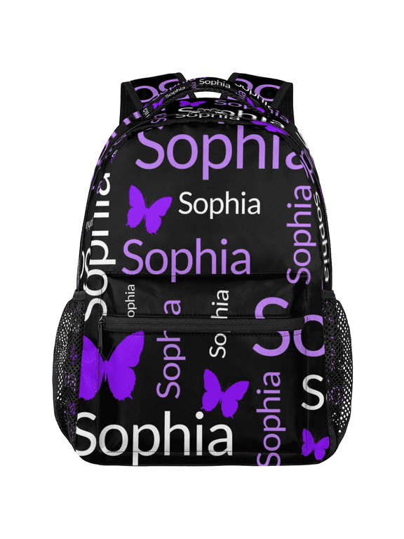 Personalized Purple White Butterfly Backpack with Name, Custom Casual Daypack, Customized Travel Laptop Back Pack, 18 Inch