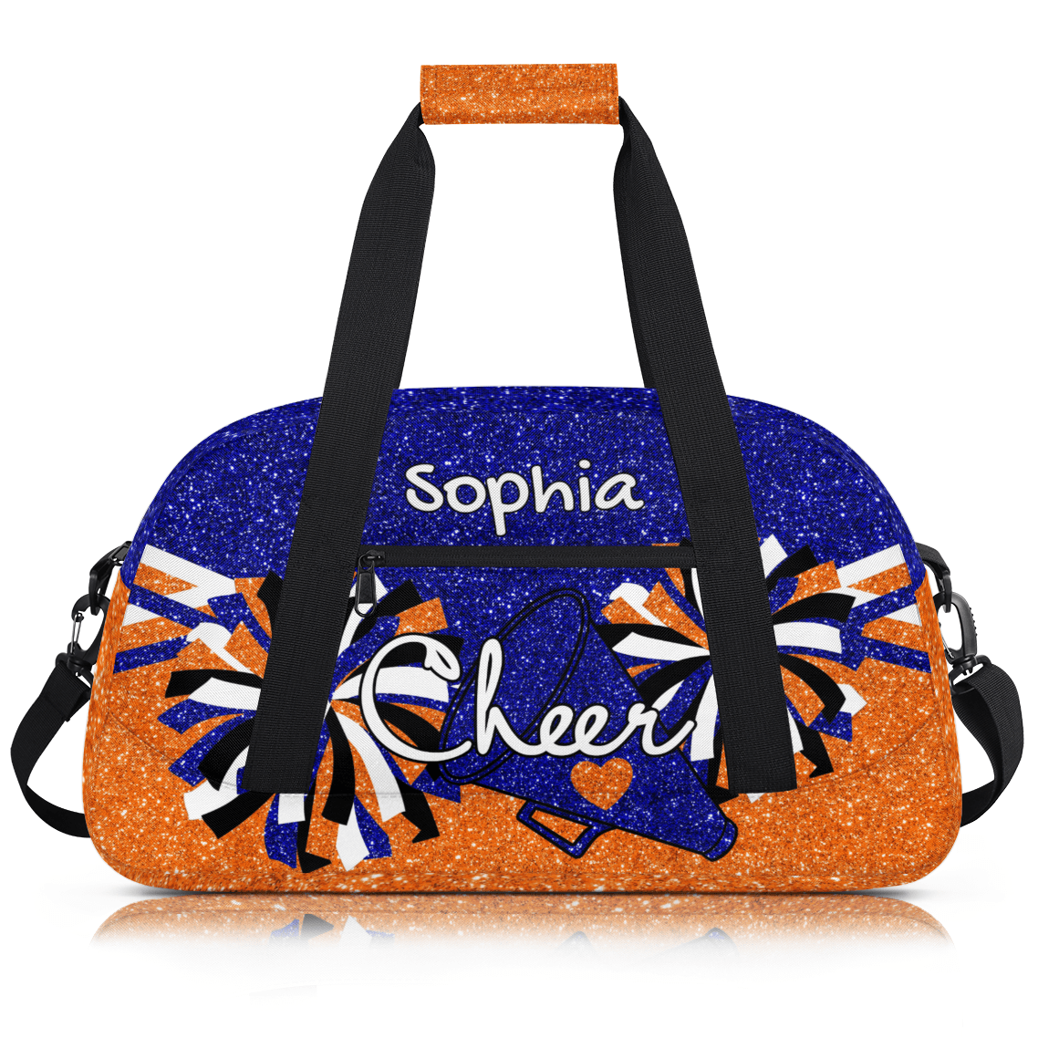 Jiaoprinted Personalized Sport Duffel Bag, Custom Cheer Dance Bag with Name, Customized Sport Gym Bag for Cheerleaders, Travel Duffle Bag for Women, Blue Orange Glitter