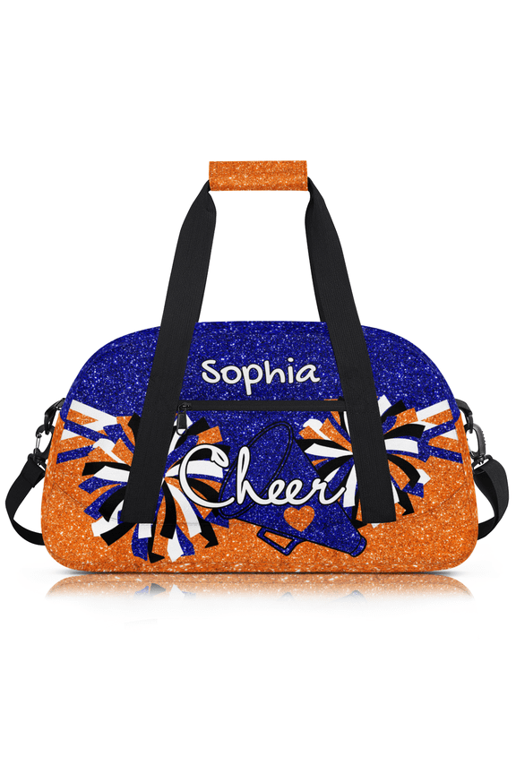 Personalized Sport Duffel Bag, Custom Cheer Dance Bag with Name, Customized Sport Gym Bag for Cheerleaders, Travel Duffle Bag for Women, Blue Orange Glitter