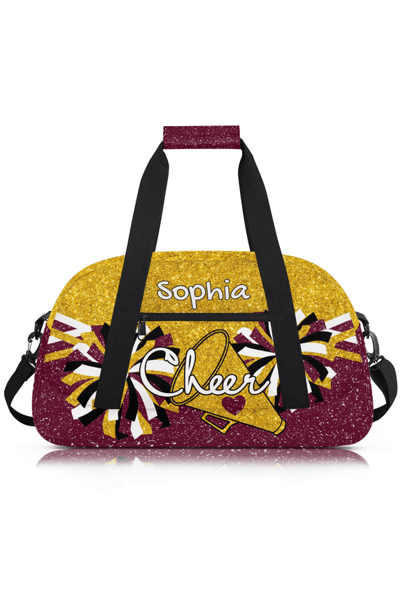 Personalized Sport Duffel Bag, Custom Cheer Dance Bag with Name, Customized Sport Gym Bag for Cheerleaders, Travel Duffle Bag for Women, Gold Maroon Glitter