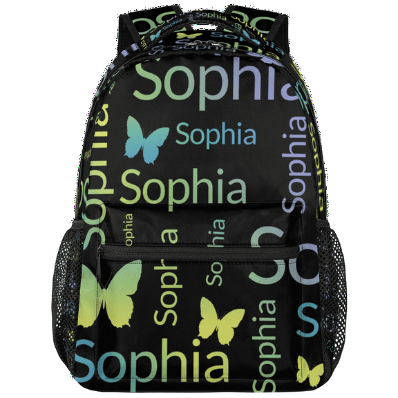 Jiaoprinted Personalized Yellow Green Butterfly Backpack with Name, Custom Casual Daypack, Customized Travel Laptop Back Pack, 18 Inch