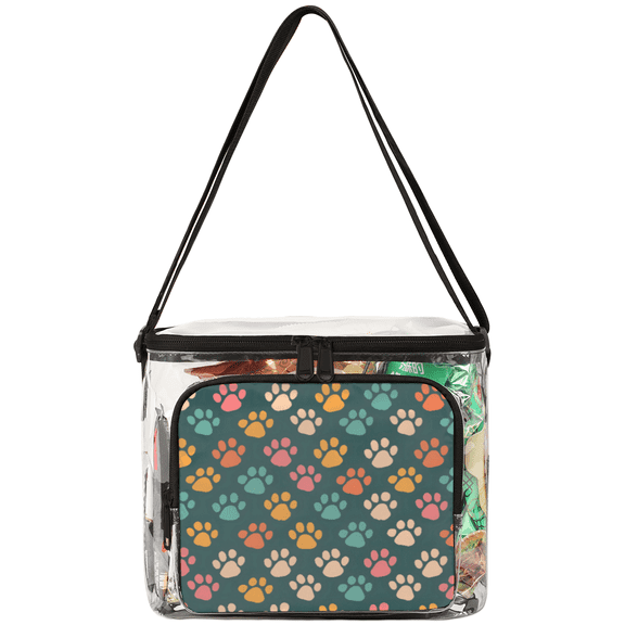 Jiaoprinted Pet Cat Paw Prints Clear Lunch Bag, Colorful Paw Prints Reusable Leakproof Lunch Box with Adjustable Shoulder Strap for Work Beach Picnic