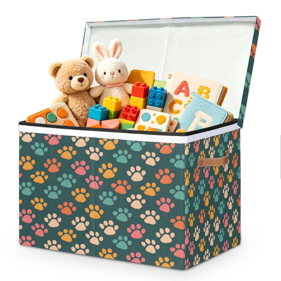 Jiaoprinted Pet Cat Paw Prints Large Toy Storage Box with Lid and Divider, Colorful Paw Prints Foldable Toy Storage Organizer, Stackable Storage Container Home Organization, 85L