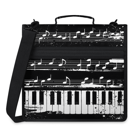 Jiaoprinted Piano Key Music Zipper Binder, Musical Notes 3 D-Ring Binder, Multi-Pocket Expanding Organizer Bag with Handle and Shoulder Strap for Travel Work