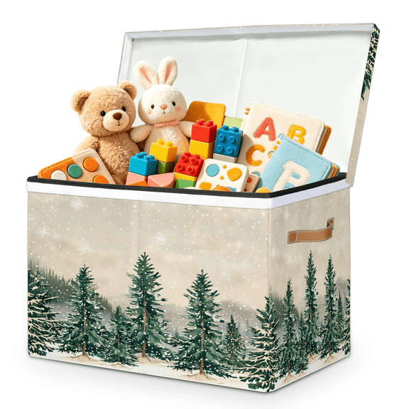 Jiaoprinted Pine Forest Toy Storage Box Chest with Lid & Divider, Winter Landscape Foldable Toy Organizer Bin with Sturdy Handles for Nursery Living Room, 85L, 25"x13"x16"