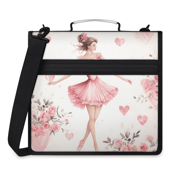 Jiaoprinted Pink Ballerina Zipper Binder, Ballet Rose 3 D-Ring Binder, Multi-Pocket Expanding Organizer Bag with Handle and Shoulder Strap for Travel Work