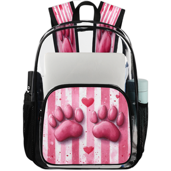 Jiaoprinted Pink Paw Prints Clear Backpack for Stadium Events, Striped Transparent Plastic Bag for Games, Security Checks, Festivals, Concerts