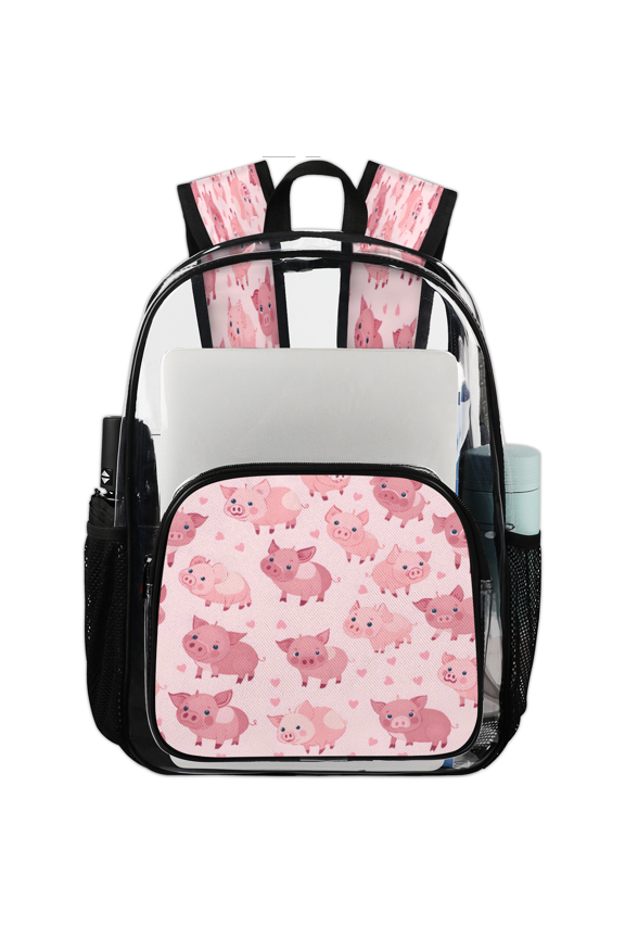 Pink Pig Clear Backpack for Stadium Events, Love Design Funny Animal Pigs Transparent Plastic Bag for Games, Security Checks, Festivals, Concerts