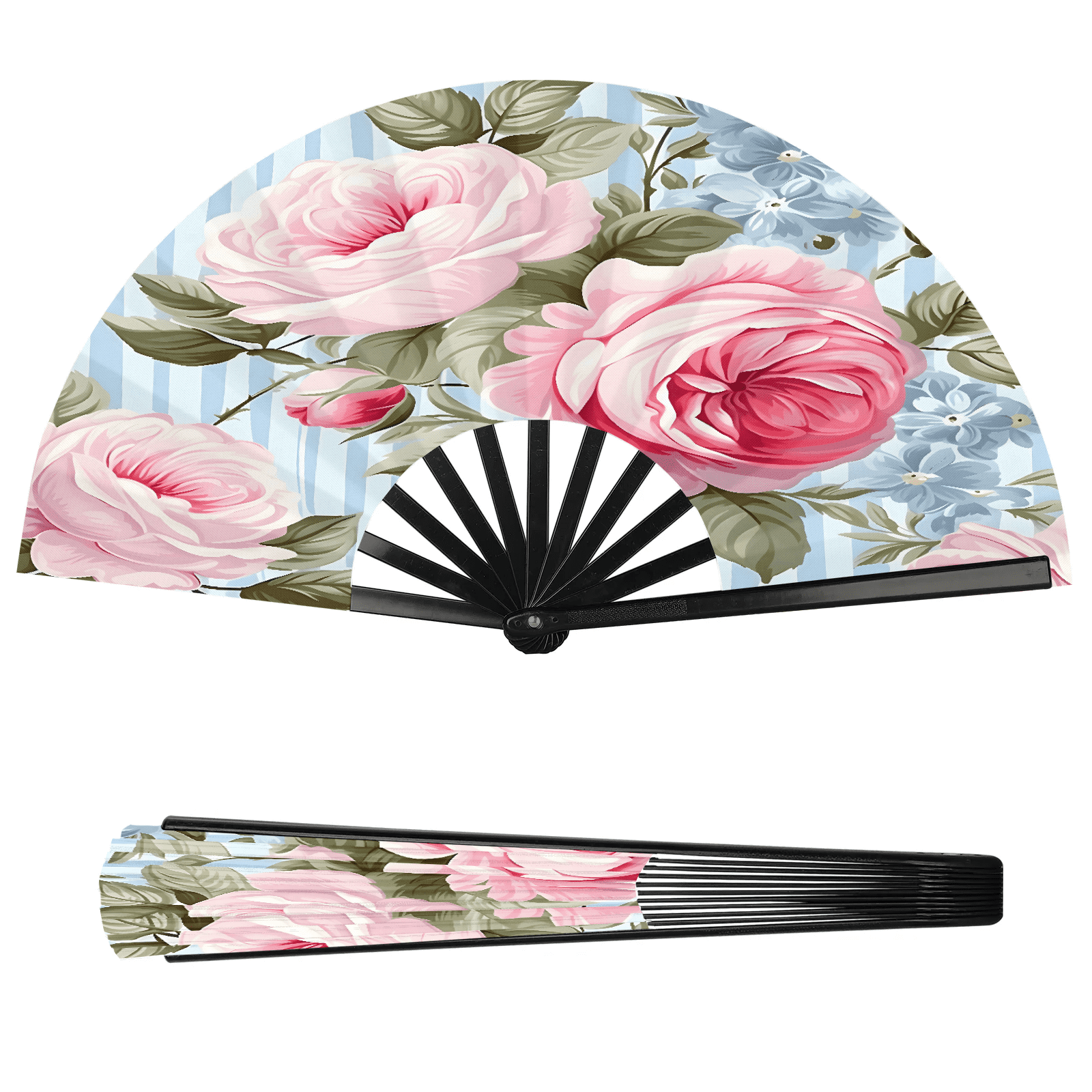 Jiaoprinted Pink Roses Large Foldable Hand Fan for Women, Stripes ...