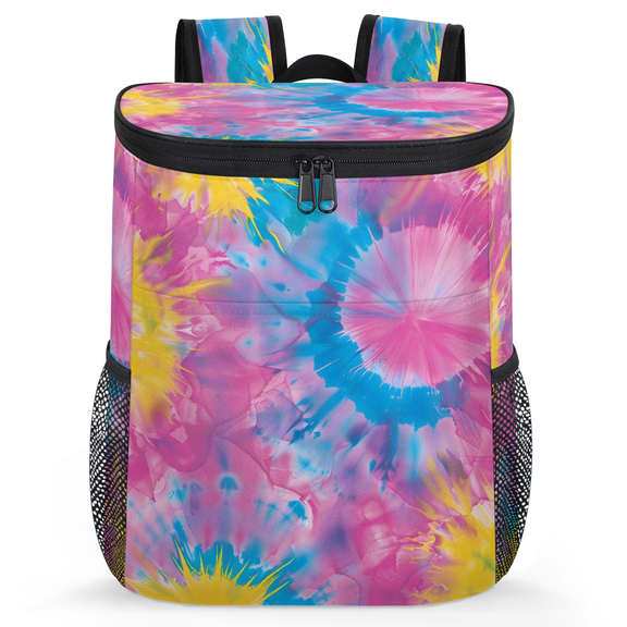 Jiaoprinted Pink Yellow Blue Tie-Dye Portable Leakproof Cooler Backpack, Spiral Insulated Backpack Cooler for Picnic Camping