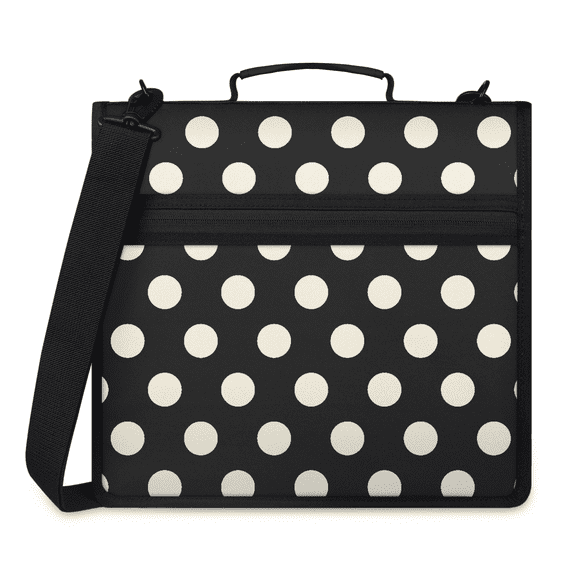 Jiaoprinted Polka Dot Black White Zipper 3 D-Ring Binder Bag with Shoulder Strap, Retro Waterproof Expanding Binder, Multi-Pocket Portfolio Organizer Case