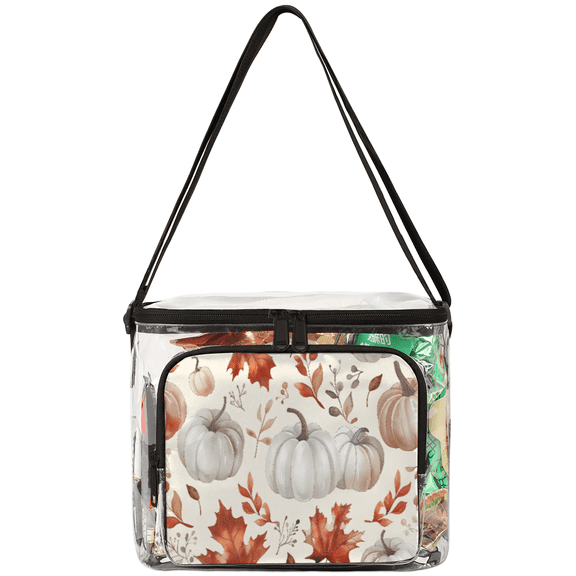 Jiaoprinted Pumpkins Thanksgiving Clear Lunch Bag, Autumn Leaves Reusable Plastic See Through Lunch Box Lunchbag for Work Picnic Stadium Approved