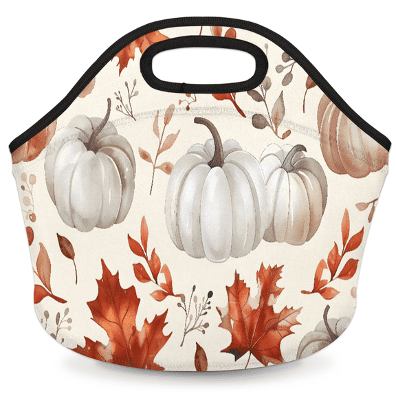 Jiaoprinted Pumpkins Thanksgiving Neoprene Lunch Bag Thermal Insulated Lunch Tote Bag Reusable Washable Picnic Bag for Women Men, Autumn Leaves