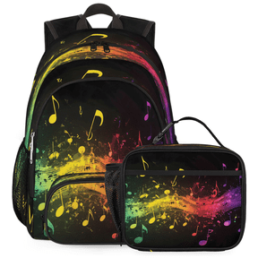 Jiaoprinted Rainbow Music Notes Backpack with Lunch Bag Set, 18.3 Inch Travel Laptop Backpack with Insulated Cooler Lunch Box, Musical Notes Casual Daypack Work Bag