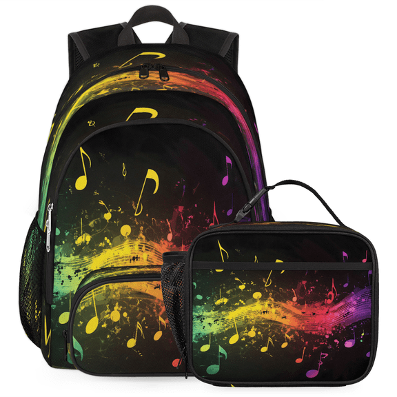 Jiaoprinted Rainbow Music Notes Backpack with Lunch Bag Set, 18.3 Inch Travel Laptop Backpack with Insulated Cooler Lunch Box, Musical Notes Casual Daypack Work Bag