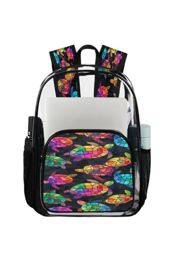 Rainbow Stained Glass Sea Turtle Clear Backpack for Stadium Events, Turtles Transparent Plastic Bag for Games, Security Checks, Festivals, Concerts