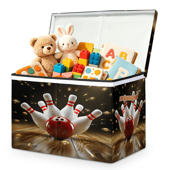 Jiaoprinted Red Bowling Ball Toy Storage Box Chest with Lid & Divider, Sports Foldable Toy Organizer Bin with Sturdy Handles for Nursery Living Room, 85L, 25"x13"x16"