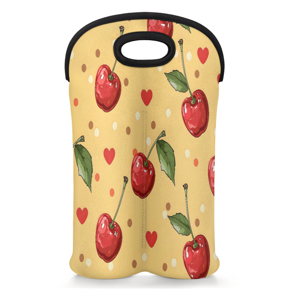 Jiaoprinted Red Cherries 2-Bottle Neoprene Wine Bag Water Bottle Carry Tote, Reusable Wine Bottle Protective Travel Bag for Women Men, Fruit Flower Summer