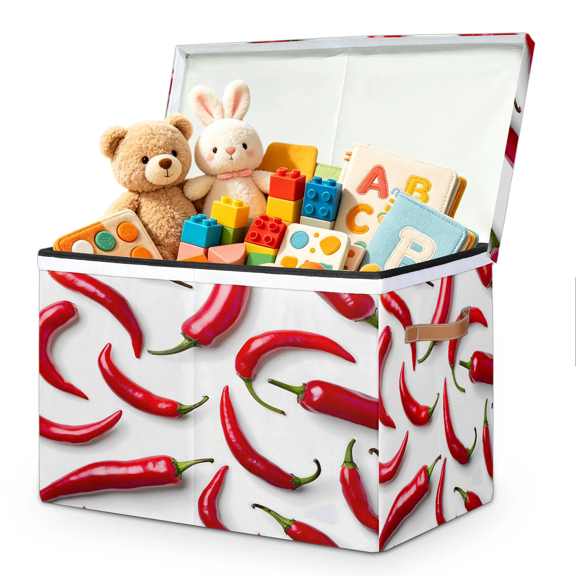 Jiaoprinted Red Chili Pepper Toy Storage Box Chest with Lid & Divider, Chili Foldable Toy Organizer Bin with Sturdy Handles for Nursery Living Room, 85L, 25"x13"x16"