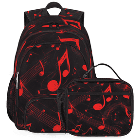 Jiaoprinted Red Music Notes Backpack with Lunch Bag Set, 18.3 Inch Travel Laptop Backpack with Insulated Cooler Lunch Box, Musical Casual Daypack Work Bag