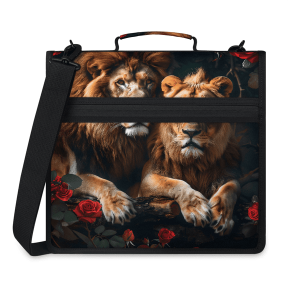 Jiaoprinted Red Rose and Lion Zipper Binder, Animals African Wildlife 3 D-Ring Binder, Multi-Pocket Expanding Organizer Bag with Handle and Shoulder Strap for Travel Work