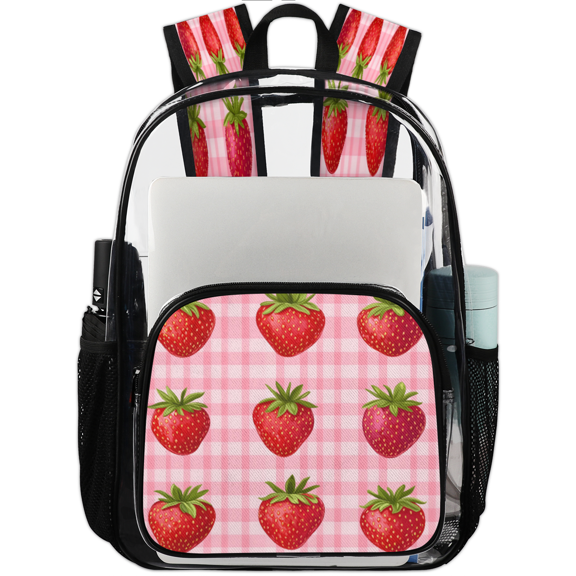 Jiaoprinted Red Strawberries Clear Backpack for Stadium Events, Buffalo checkered Transparent Plastic Bag for Games, Security Checks, Festivals, Concerts