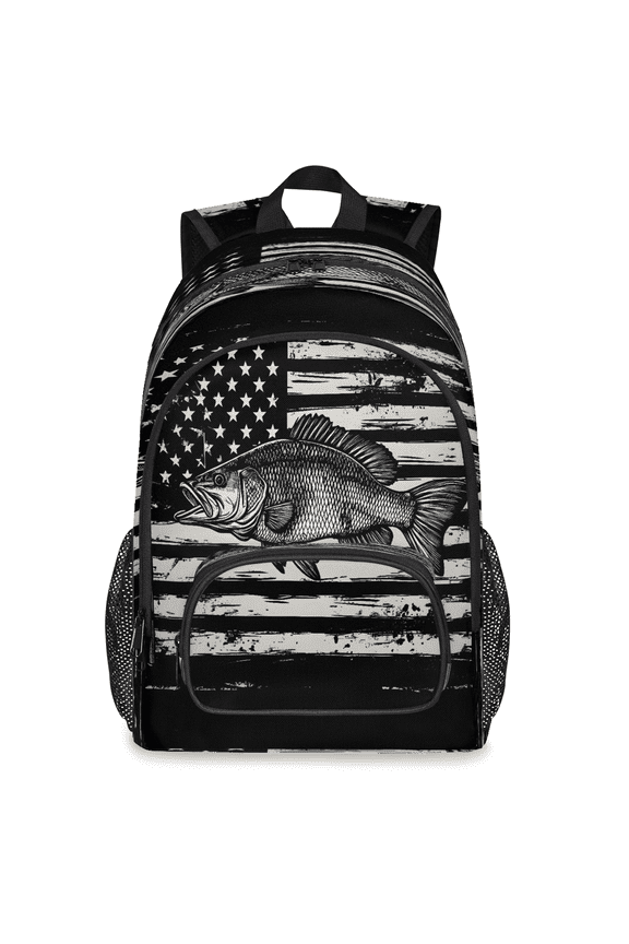 Retro Bass Fish Backpack, Large American Flag Travel Laptop Backpack Men Women Work Business Computer Casual Daypack Rucksack, 18 Inch