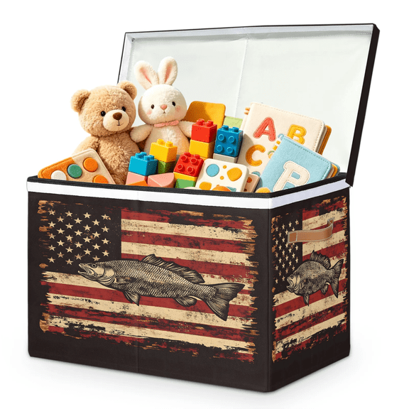 Jiaoprinted Rustic Fish Bass Toy Storage Box Chest with Lid & Divider, Bass American Flag Foldable Toy Organizer Bin with Sturdy Handles for Nursery Living Room, 85L, 25"x13"x16"