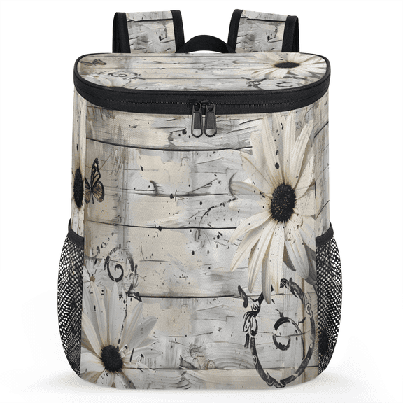 Jiaoprinted Rustic Wood Flower Portable Leakproof Cooler Backpack, Vintage Daisy Insulated Backpack Cooler for Picnic Camping