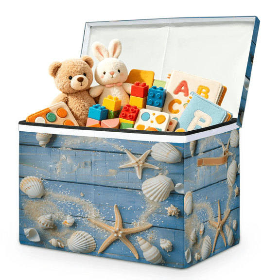 Jiaoprinted Sand Seashell Starfish Large Toy Storage Box with Lid and Divider, Wooden Farmhouse Foldable Toy Storage Organizer, Stackable Storage Container Home Organization, 85L