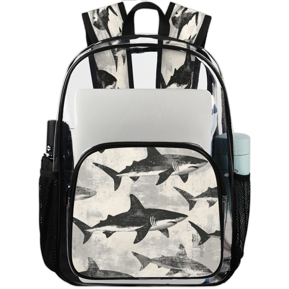 Jiaoprinted Sea Animals Sharks Clear Backpack for Stadium Events, Vintage Sharks Transparent Plastic Bag for Games, Security Checks, Festivals, Concerts