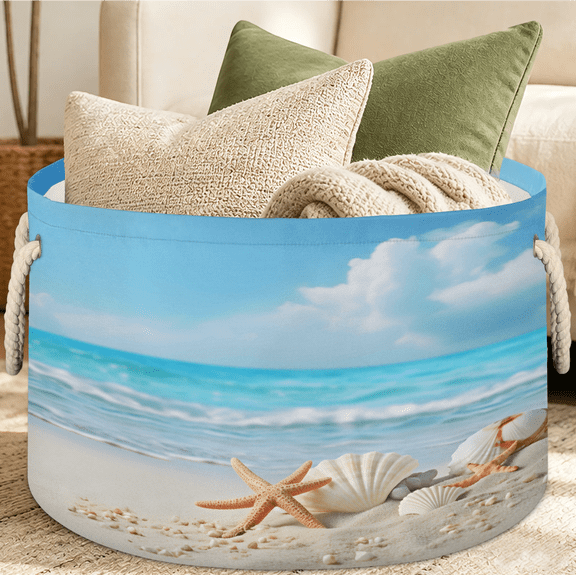 Jiaoprinted Sea Starfish Shells Blankets Storage Basket with Handles, Foldable Waterproof Fabric Clothes Storage Organizer for Bedroom Living Room, 65L, Summer Beach
