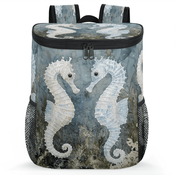 Jiaoprinted Seahorse Portable Leakproof Cooler Backpack, Vintage Ocean Insulated Backpack Cooler for Picnic Camping