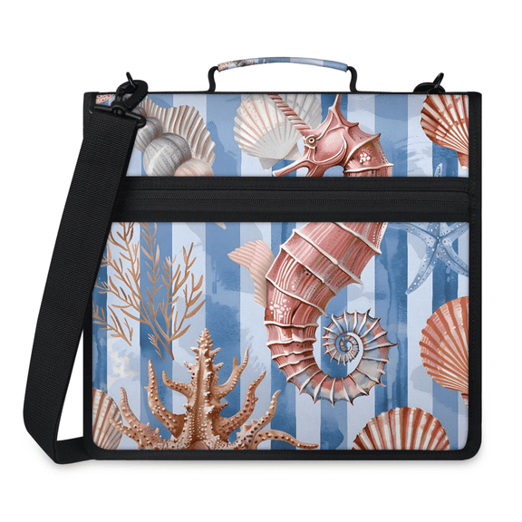 Jiaoprinted Seahorses Seashells Zipper 3 D-Ring Binder Bag with Shoulder Strap, Nautical Ocean Life Waterproof Expanding Binder, Multi-Pocket Portfolio Organizer Case