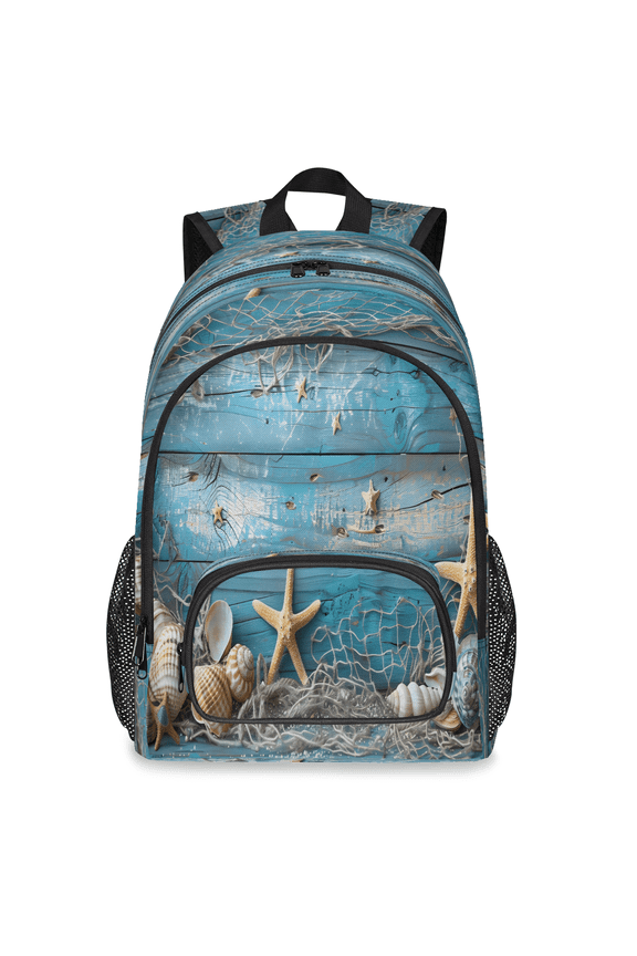 Seashells Starfish Wooden Backpack, Large Summer Nautical Travel Laptop Backpack Men Women Work Business Computer Casual Daypack Rucksack, 18 Inch