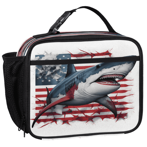Jiaoprinted Shark Independence Day Lunch Bag for Men Women, American Flag Insulated Cooler Lunchbox with Buckle Handle for Picnic Travel