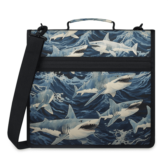 Jiaoprinted Sharks Ocean Waves Zipper Binder, Sharks 3 D-Ring Binder, Multi-Pocket Expanding Organizer Bag with Handle and Shoulder Strap for Travel Work